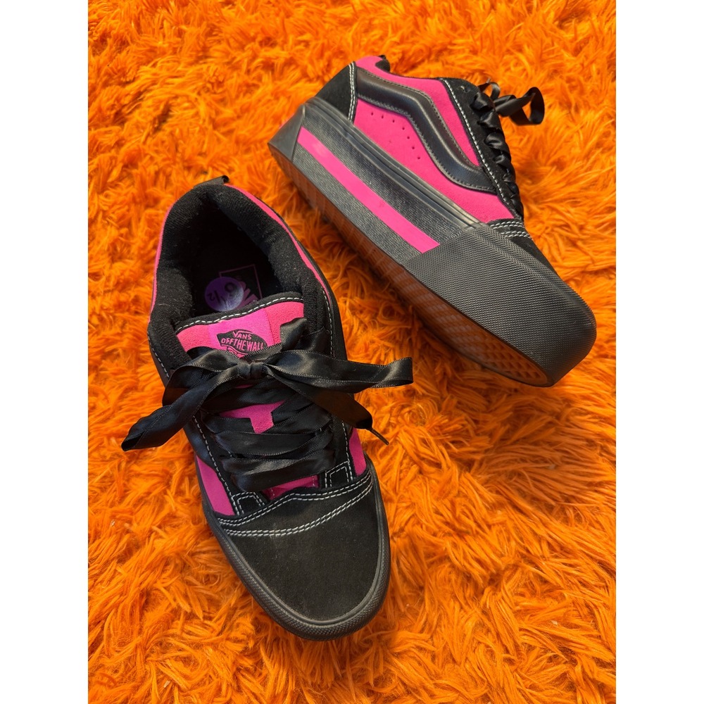Vans Old Skool Stacked Platform Sneakers Black Hot Pink Satin Laces Womens 8